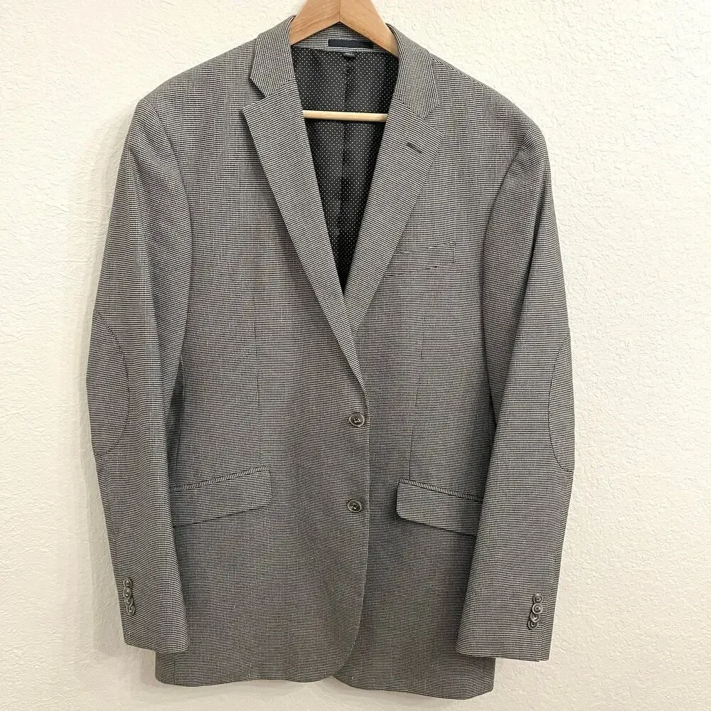Jos A Bank Linen Cotton Houndstooth Blazer‎ 40L Tailored Fit Elbow Patches Black
